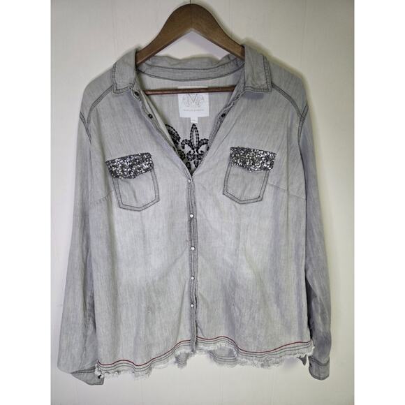 Western Gray Button Down Pearl Snap Embellished Top Maurices Premium Size 2 2X - Picture 1 of 8
